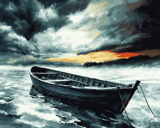 Abandoned Boat Stormy Landscape Diamond Painting