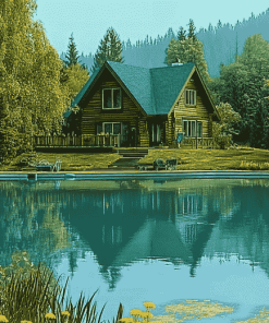 Aesthetic Lakeside Cabin Scene Diamond Painting