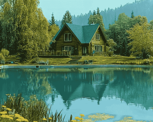 Aesthetic Lakeside Cabin Scene Diamond Painting