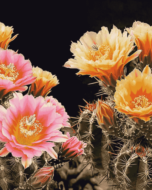 Aesthetic Pink and Yellow Cactus Blooms Diamond Painting