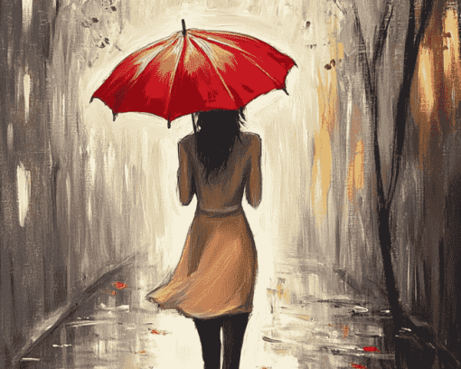 Aesthetic Red Umbrella Girl Diamond Painting