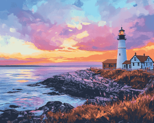 Aesthetic Sunset at Portland Lighthouse Diamond Painting