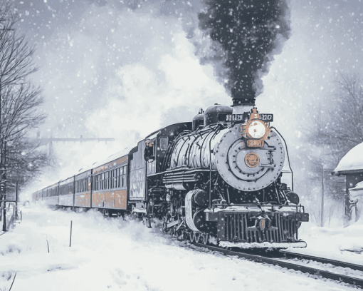 Aesthetic Winter Steam Train Diamond Painting