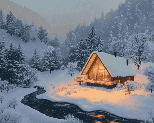 Amazing Snowy Bungalow Diamond Painting