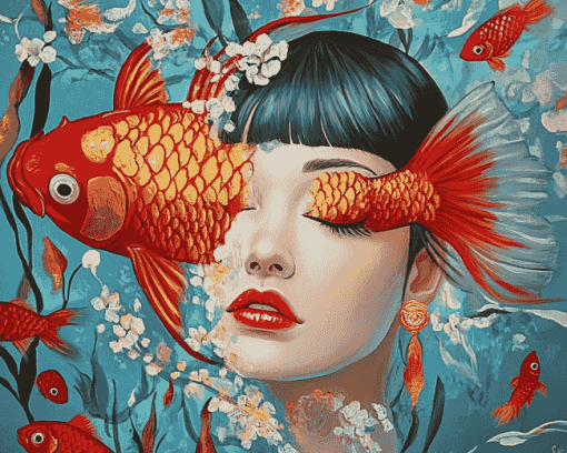 Asian Lady with Fish Diamond Painting