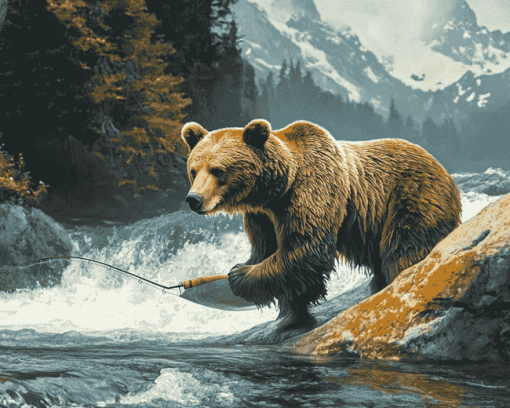 Bear Wildlife Fishing Diamond Painting