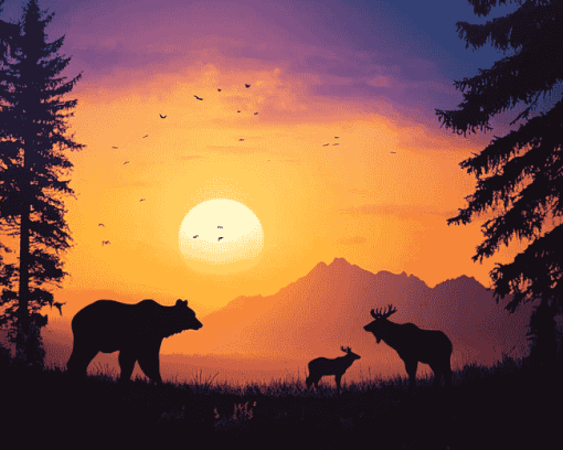 Bear and Elk Sunset Silhouette Diamond Painting