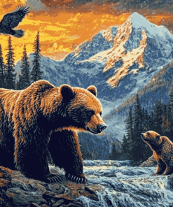 Bears and Eagles in Colorful Mountains Diamond Painting