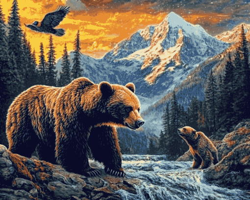 Bears and Eagles in Colorful Mountains Diamond Painting