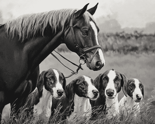 Black And White Horse And Hound Diamond Painting