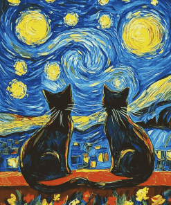 Black Cats Under Starry Nights Diamond Painting