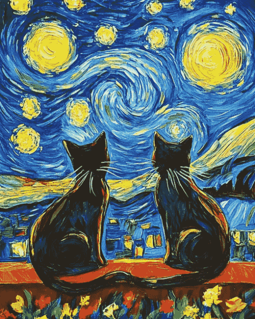 Black Cats Under Starry Nights Diamond Painting