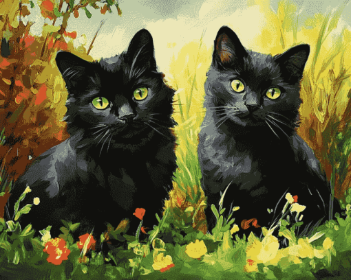 Black Cats in the Garden Diamond Painting