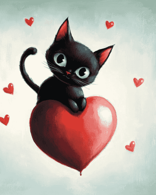 Black Kitty Heart Diamond Painting