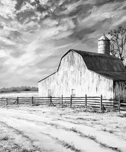 Black and White Barn Landscape Diamond Painting