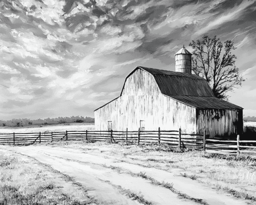 Black and White Barn Landscape Diamond Painting