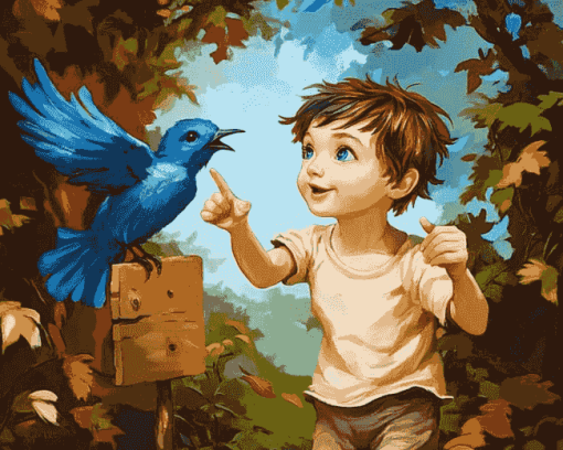 Blue Boy and Bird Kids Diamond Painting