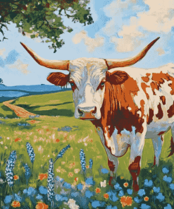 Bluebonnets Longhorn Cattle Diamond Painting