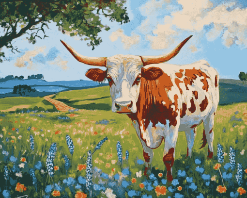 Bluebonnets Longhorn Cattle Diamond Painting