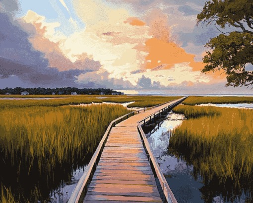 Boardwalk Through Scenic Marshlands Diamond Painting