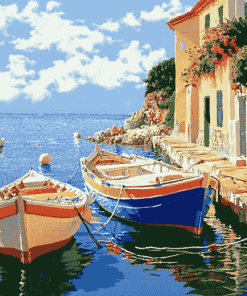 Bright Mediterranean Seascape Boats Diamond Painting