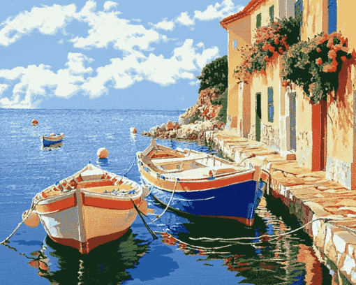 Bright Mediterranean Seascape Boats Diamond Painting