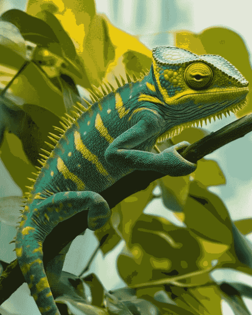 Cameleon on Green Branch Diamond Painting