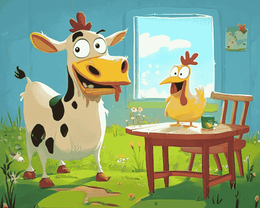 Cartoon Adventure Cow And Chicken Diamond Painting