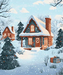 Cartoon Houses in Winter Diamond Painting