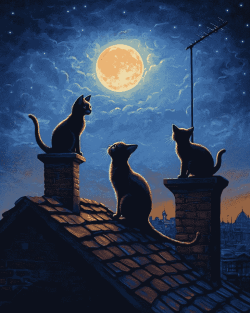 Cat Nights on Roofs Diamond Painting