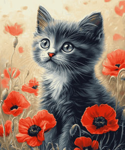 Cat and Poppies Diamond Painting