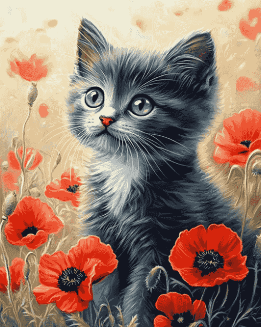 Cat and Poppies Diamond Painting