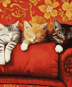 Cats Relaxing on Red Sofa Diamond Painting