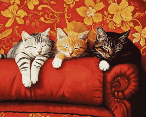 Cats Relaxing on Red Sofa Diamond Painting