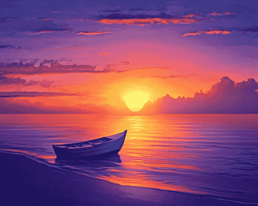 Colorful Sunset Boat Seascape Diamond Painting