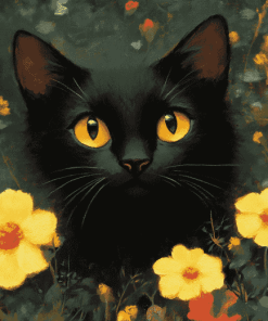 Cute Black Kitties with Flowers Diamond Painting