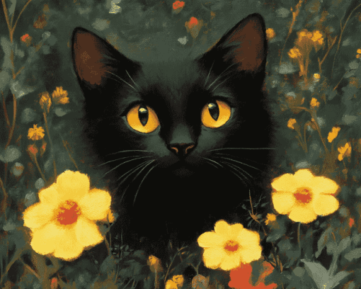 Cute Black Kitties with Flowers Diamond Painting