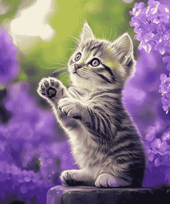 Cute Kitten with Purple Blooms Diamond Painting