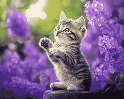 Cute Kitten with Purple Blooms Diamond Painting