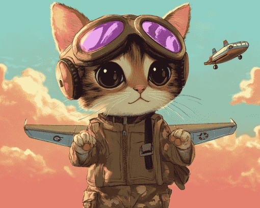 Cute Pilot Kitty Diamond Painting