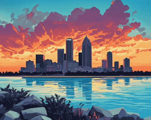 Detroit Skyline at Sunset Diamond Painting