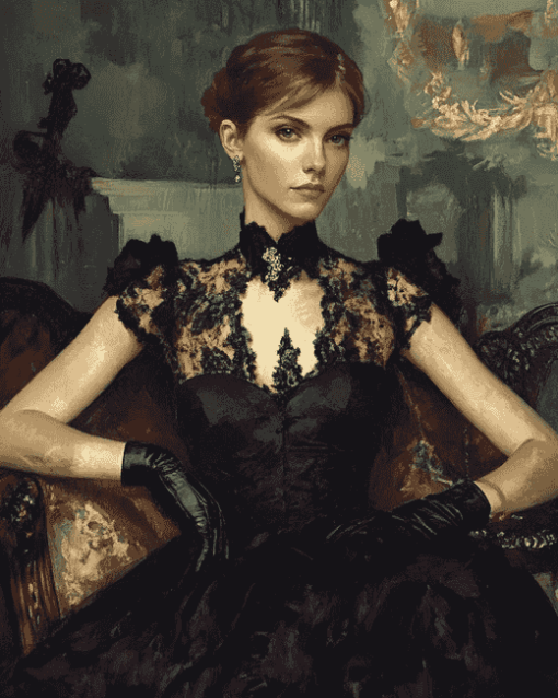 Elegant Woman in Black Dress Diamond Painting