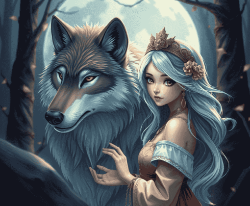 Fantasy Wolf and Girl Diamond Painting