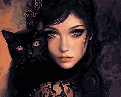 Fantasy Woman with Black Cat Diamond Painting