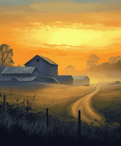 Farm Misty Sunrise Scenery Diamond Painting