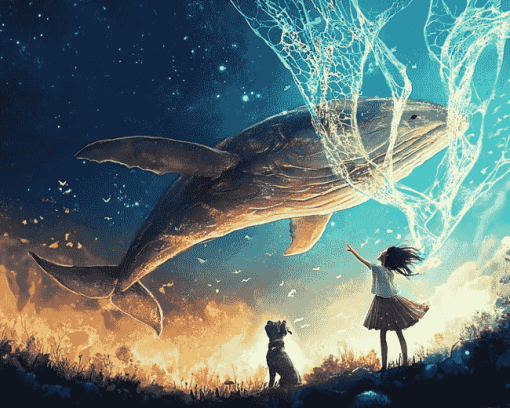 Girl and Dog with Whales Diamond Painting