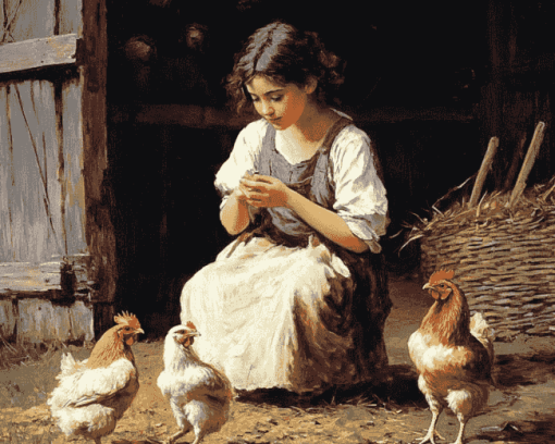 Girl with Chicken on the Farm Diamond Painting