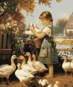 Girl with Geese Vintage Diamond Painting