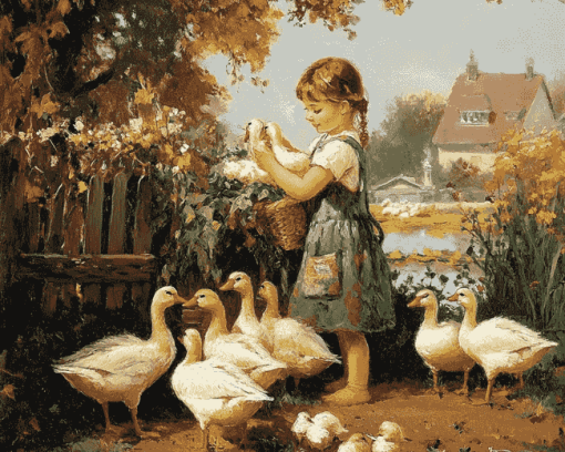 Girl with Geese Vintage Diamond Painting