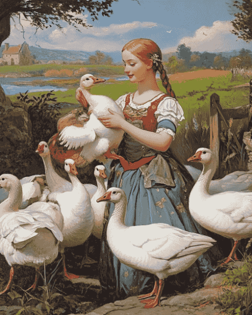 Girls with Geese Vintage Diamond Painting